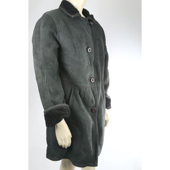 Vintage Dark Green Shearling Suede Coat Warm Winter Leather Trim Jacket Size M - Picture 1 of 16